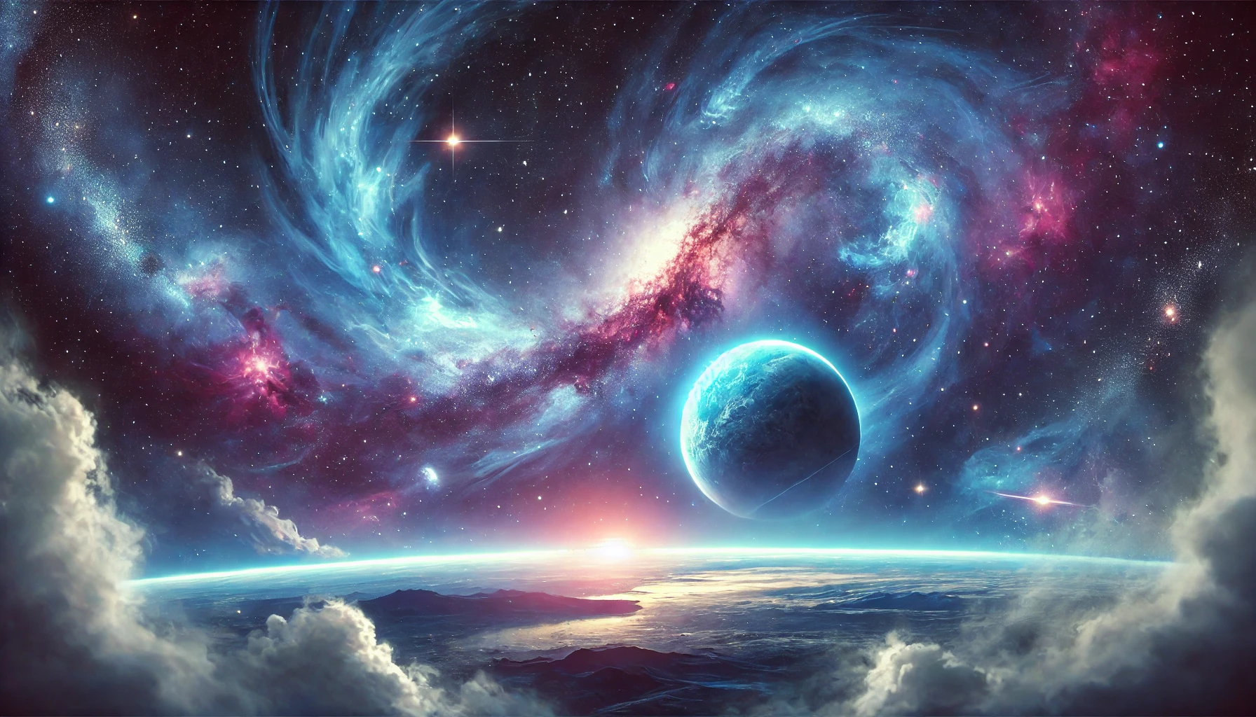 DALL·E 2025-03-10 07.36.30 – A stunning cosmic scene featuring a vibrant galaxy with swirling blue and purple nebulas, distant stars, and a glowing planet in the foreground. The s